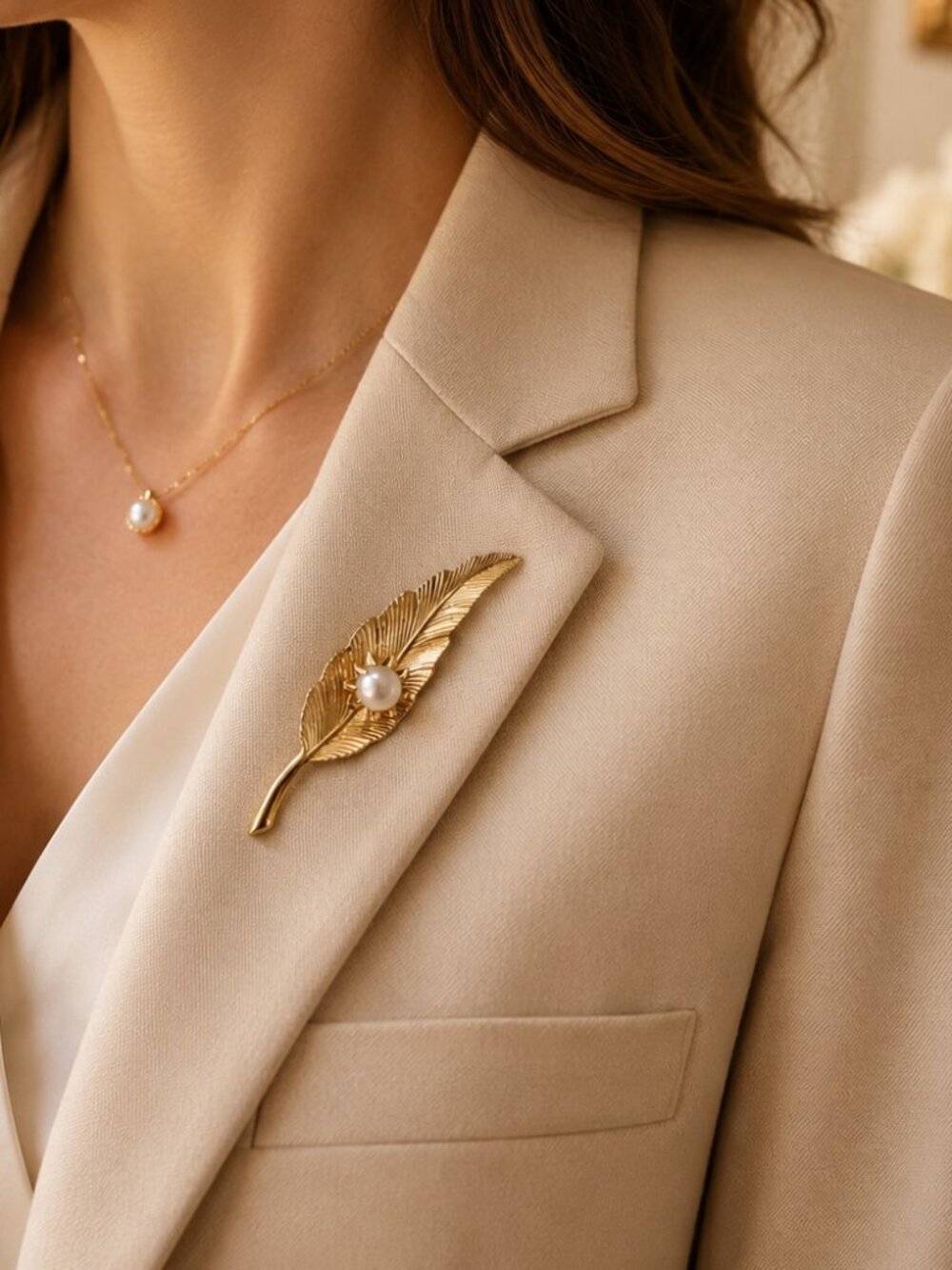 Vintage Gold Leaf Pearl Brooch Mid Century Botanical Pin 1960s